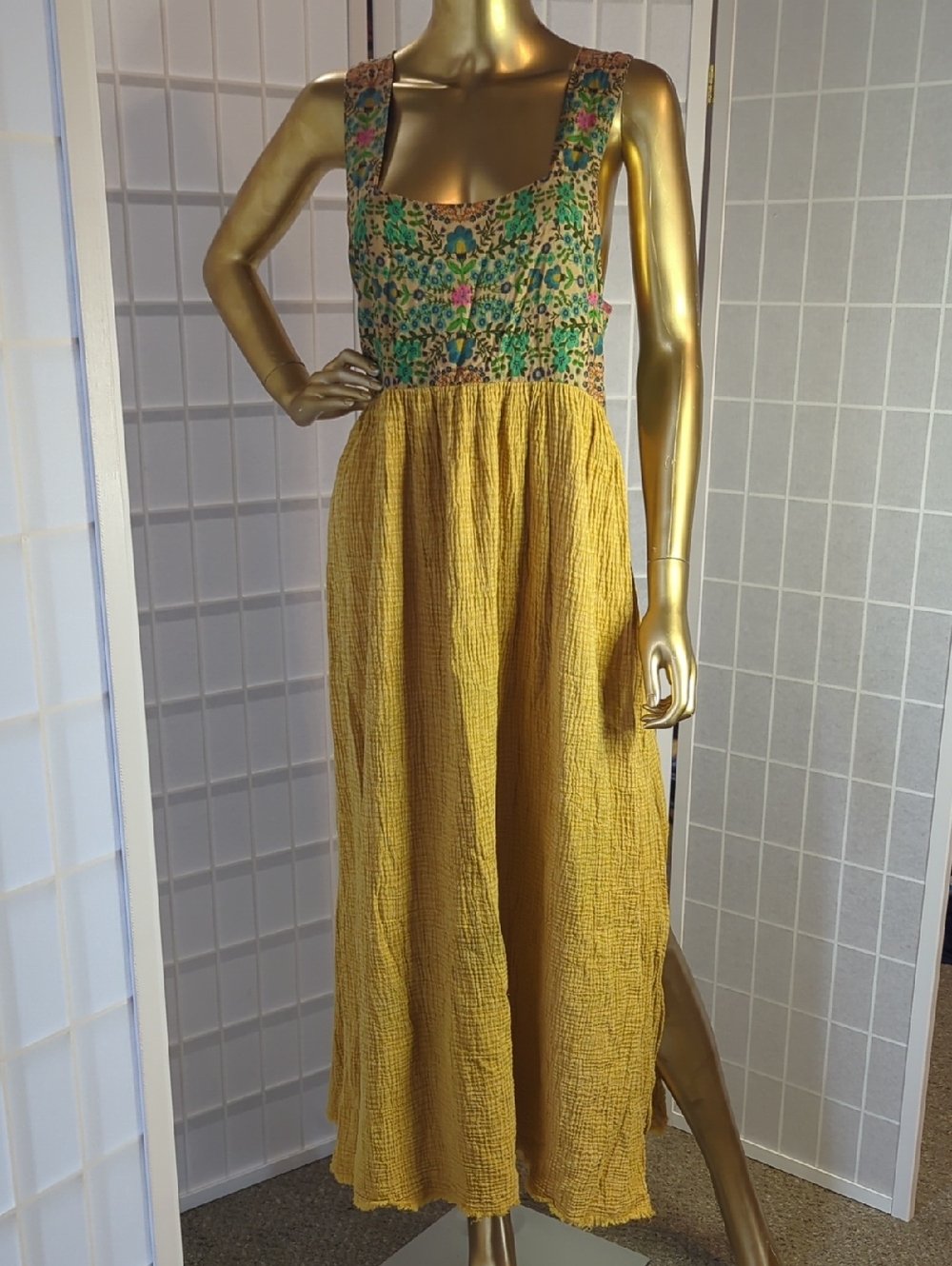 NATURAL LIFE Tricia Gauze Yellow Maxi Dress with Green Floral Bodice